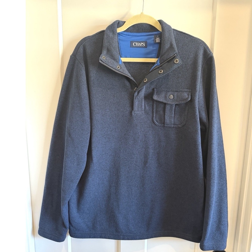 Chaps Mens Sweater Medium henley sweater long sleeve pocket navy‎ blue, button